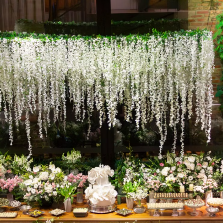 Cascading White Floral Curtain – Dessert Table & Wedding Party Decor Template