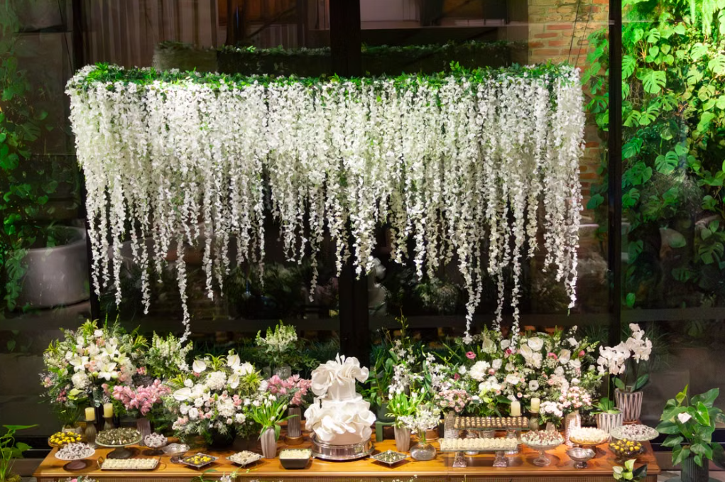 Cascading White Floral Curtain – Dessert Table & Wedding Party Decor Template