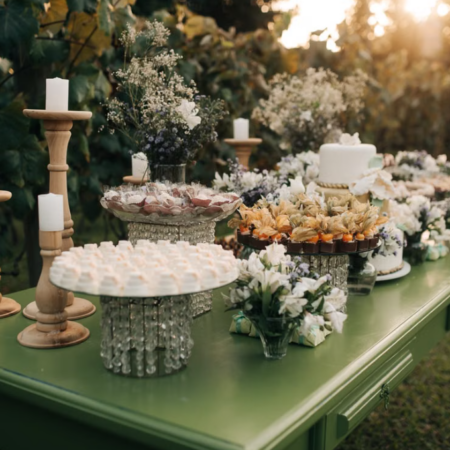 Forest-Inspired Vintage Green Long-Table Dessert Station for Weddings and Parties