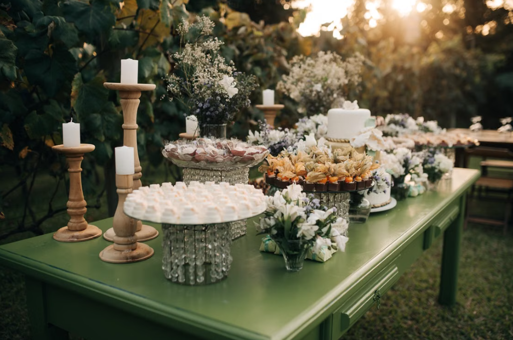Forest-Inspired Vintage Green Long-Table Dessert Station for Weddings and Parties