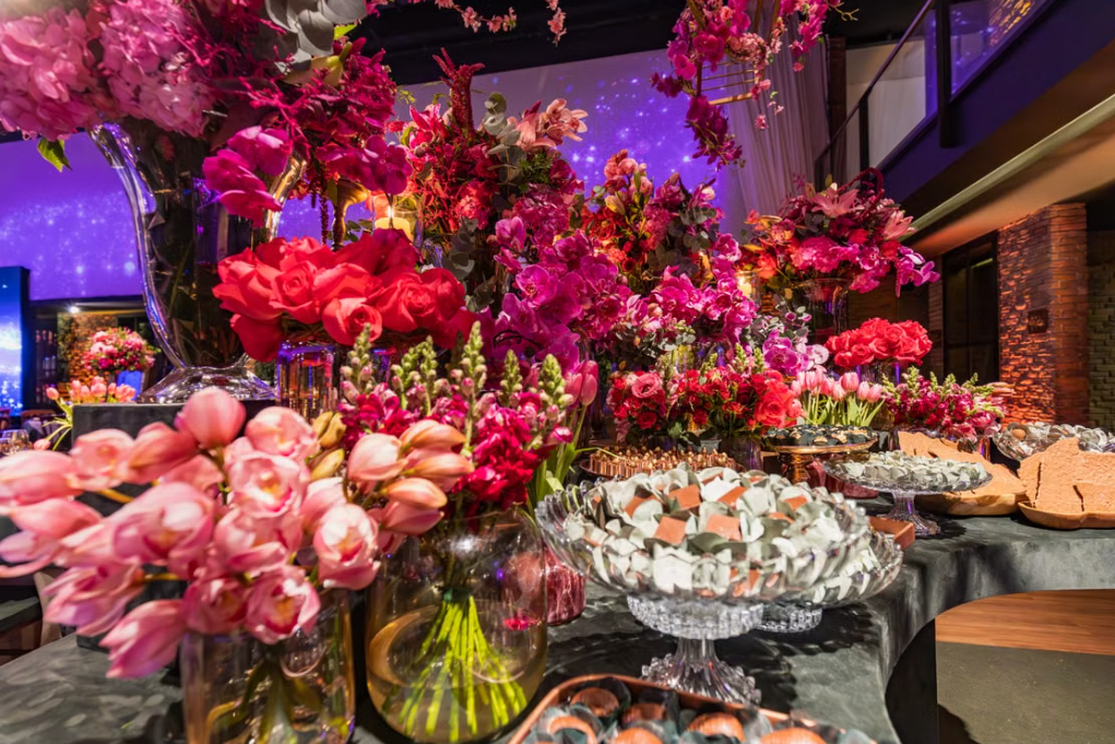 Luxurious Dark-Toned Magenta/Purple-Red Floral & Dessert Table Decor Set for Events