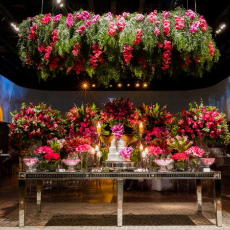 Hanging Red-Themed Floral Decor Template for Wedding Cake Tables