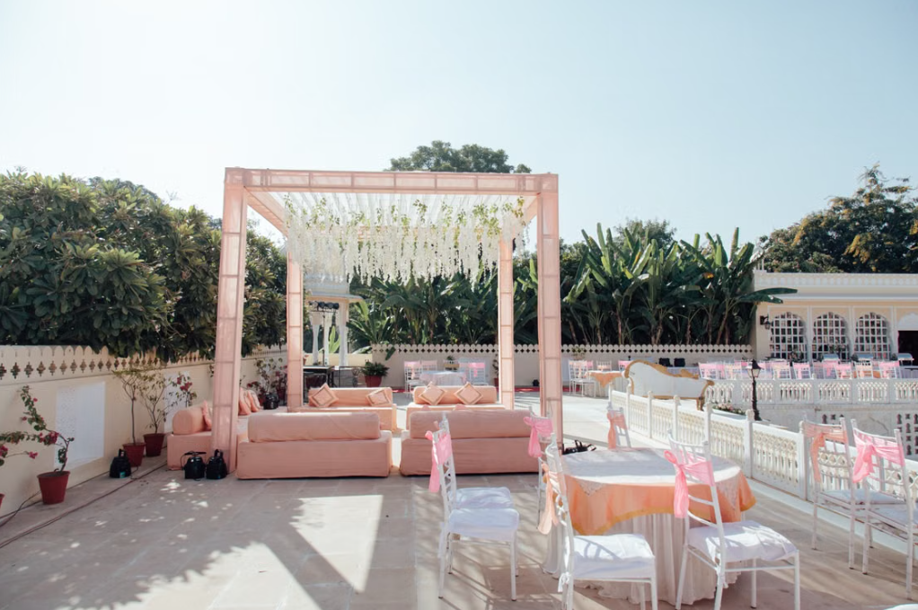 Nude-Pink Sheer-Draped Terrace Ceremony Pavilion Wedding Template
