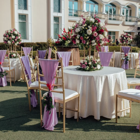 Garden Banquet/Party Template with Purple Drapes and Gold Chairs