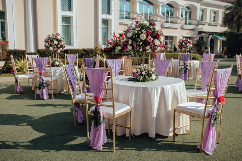 Garden Banquet/Party Template with Purple Drapes and Gold Chairs