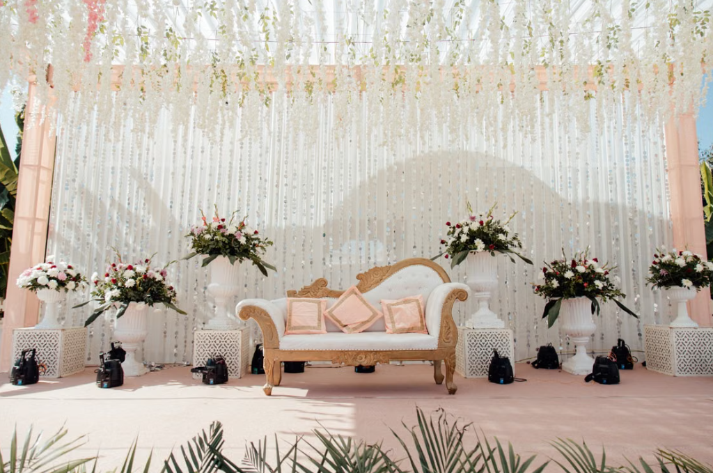 Affordable Luxury Wedding Ceremony Backdrop Template with White Drapes and Beaded Strands